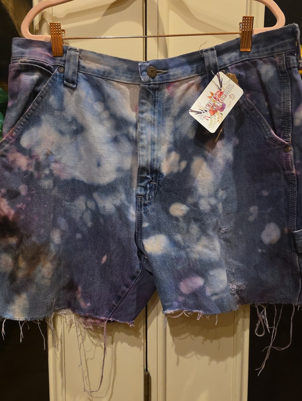 Upcycled, hand-dyed Wrangler carpenter shorts By Outskirts of Normal.